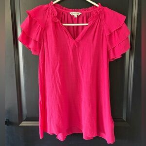 Nanette Lepore bright pink flowy blouse with ruffle sleeves Size Medium